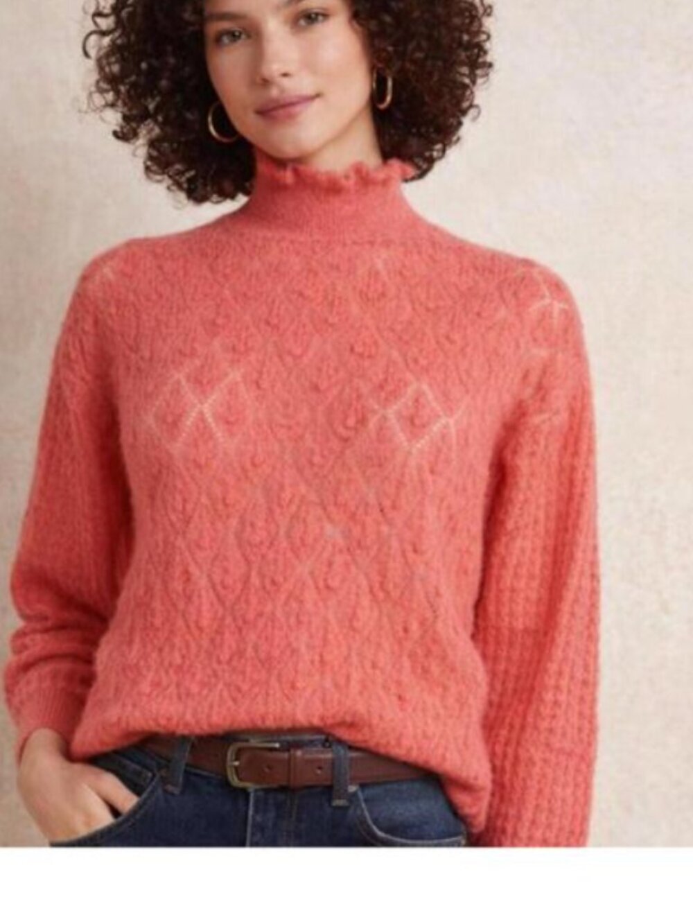 Anthropologie Coral Salmon Knit Wool Mohair Mock Neck Delicate Knit Sweater M